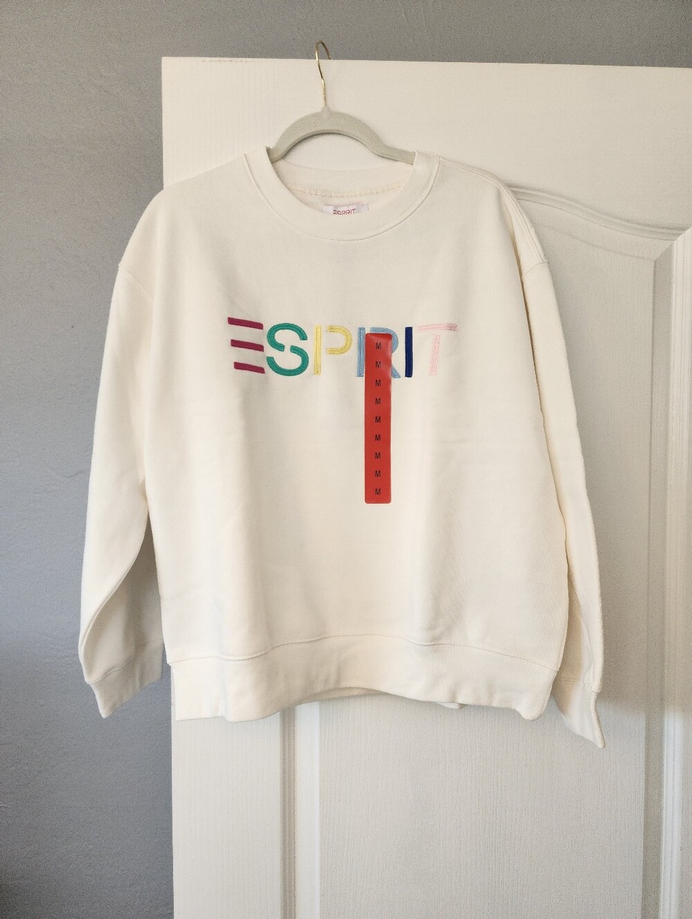 Esprit Cream Womens Sweatshirt with Multicolor Embroidered Logo Size M NWT - Picture 2 of 8